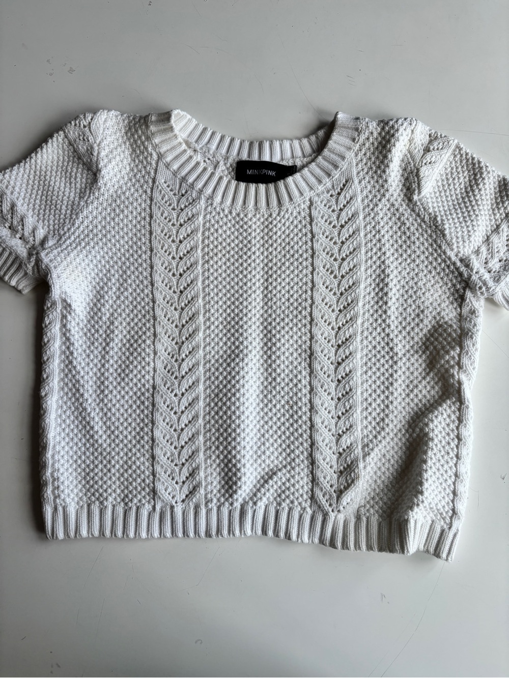 MINKPINK White Cable Knit Short Sleeve Sweater Top